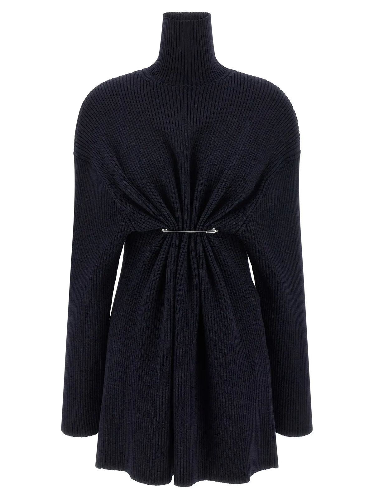 Robe courte en laine bleu balenciaga avec tordu central et épingle à nourrice argentée noire en tricot côtelé col roulé