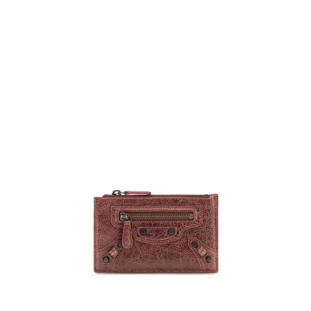 Porte-cartes balenciaga bordeaux lamb ovis aries en cuir texturé rose poussière avec fermeture éclair centrale et détails métalliques