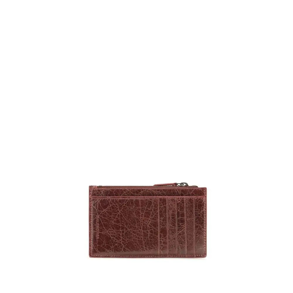 Portefeuille balenciaga bordeaux en cuir agneau ovis aries avec surface texturée fissurée et compartiments cousus verticaux