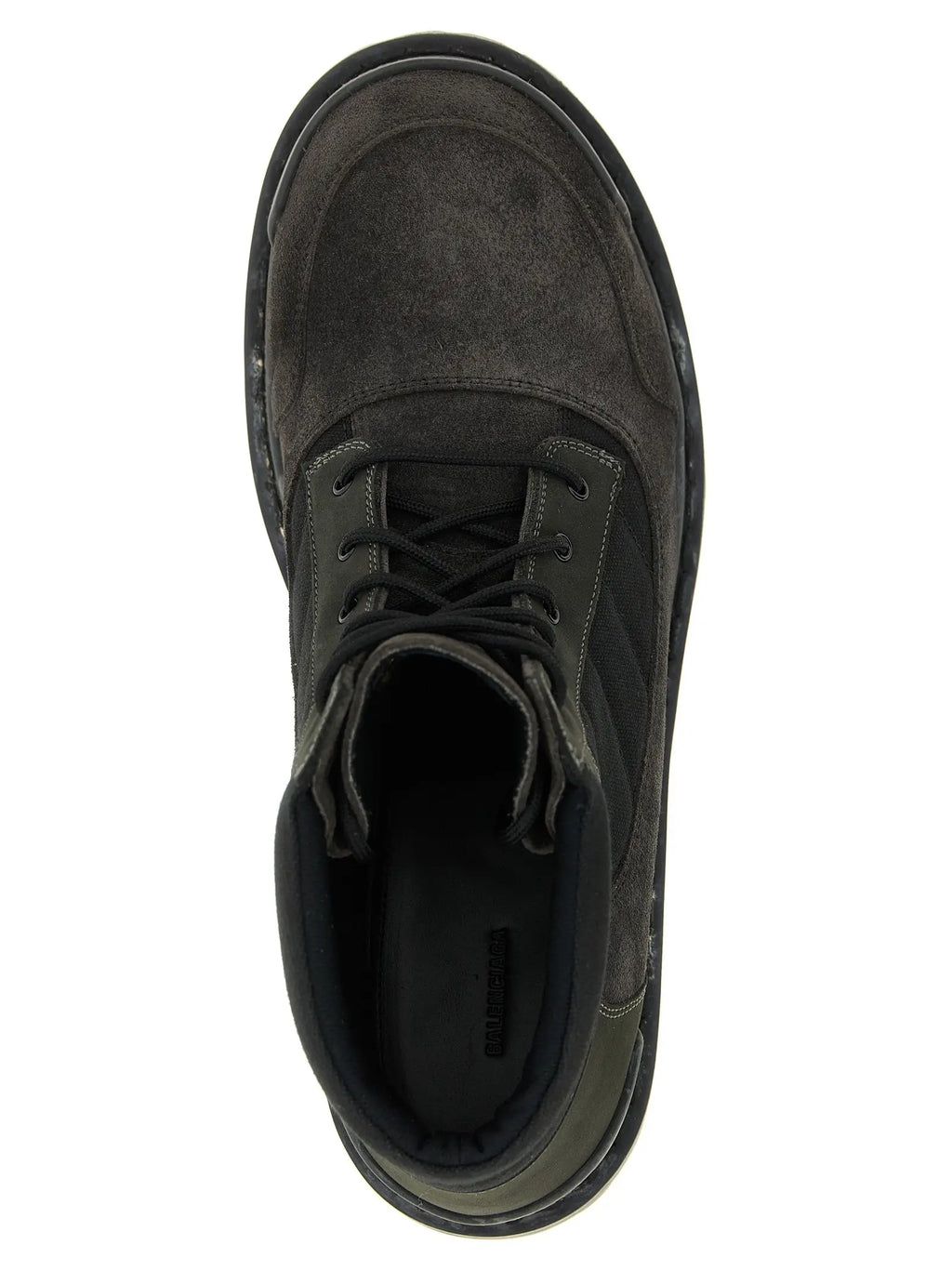 Balenciaga brown calfskin ankle boots with dark gray suede lace up design and thick rubber sole