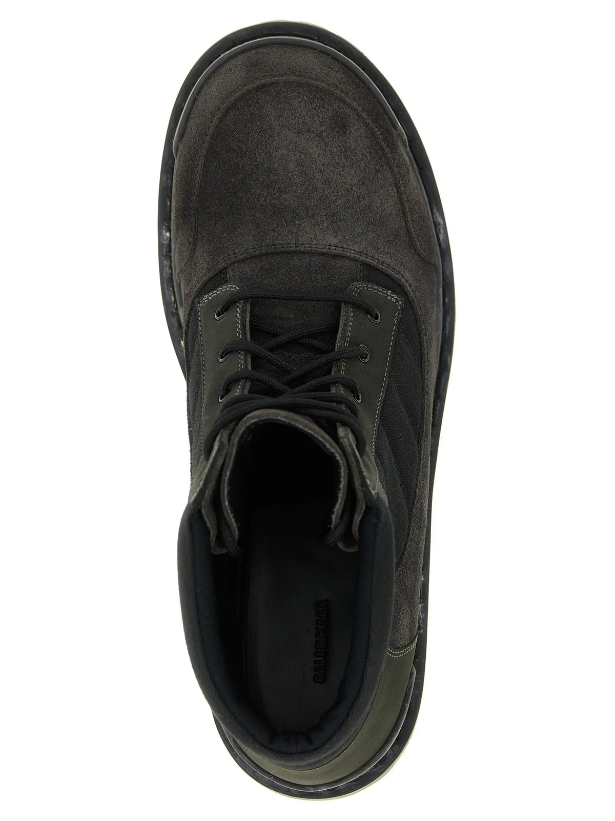 Balenciaga brown calfskin ankle boots with dark gray suede lace up design and thick rubber sole