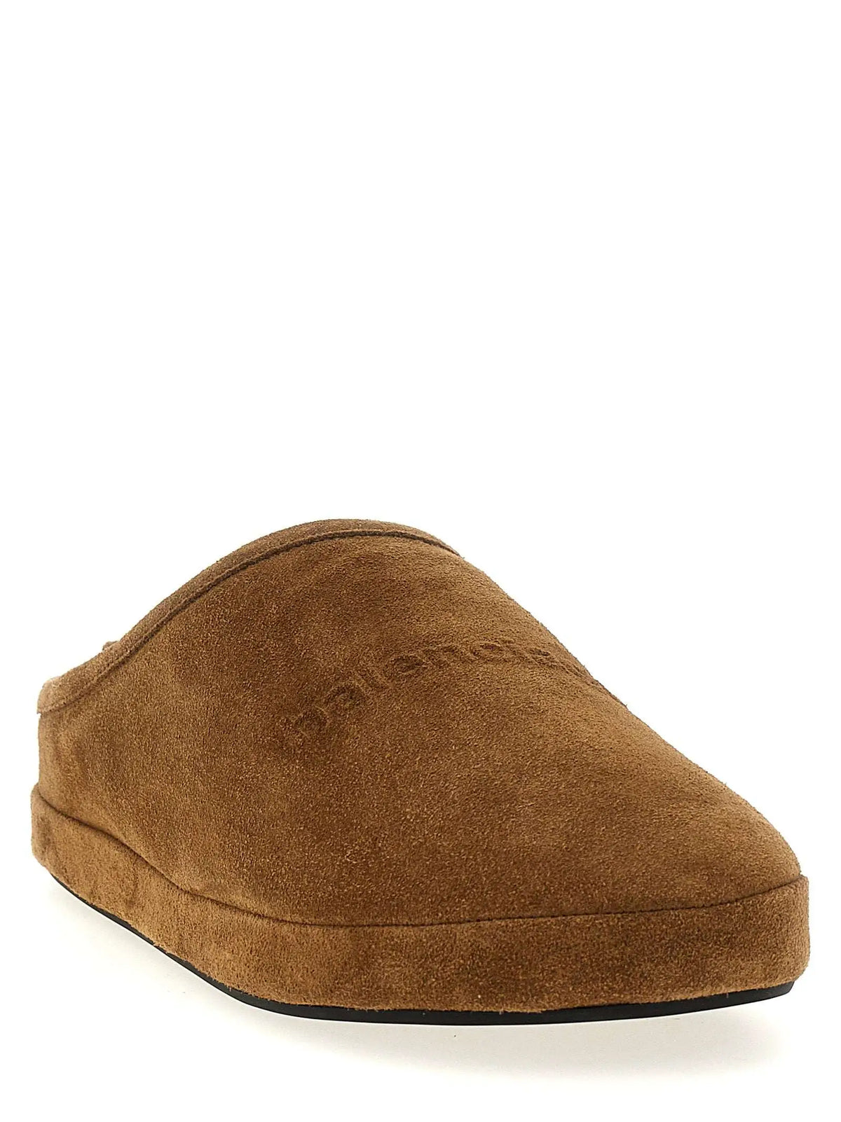 Mule balenciaga en cuir de veau marron avec design minimaliste et semelle en caoutchouc noir