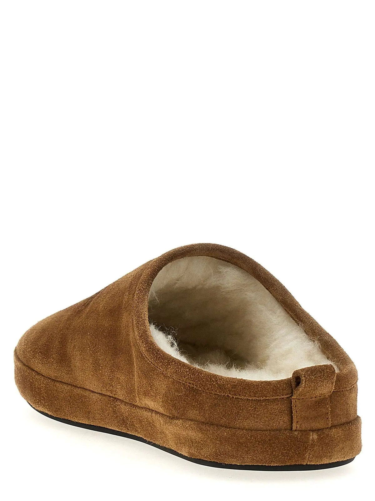 Balenciaga brown calfskin mules with brown suede slip-on design plush white shearling lining and black rubber sole