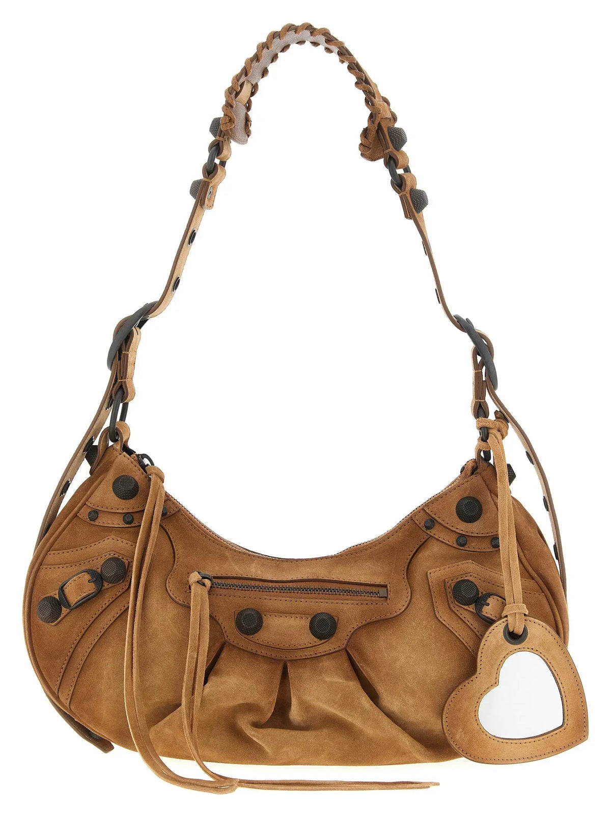 Sac à épaule balenciaga en veau brun avec bandoulière en cuir tressé et détails en métal noir en daim tan