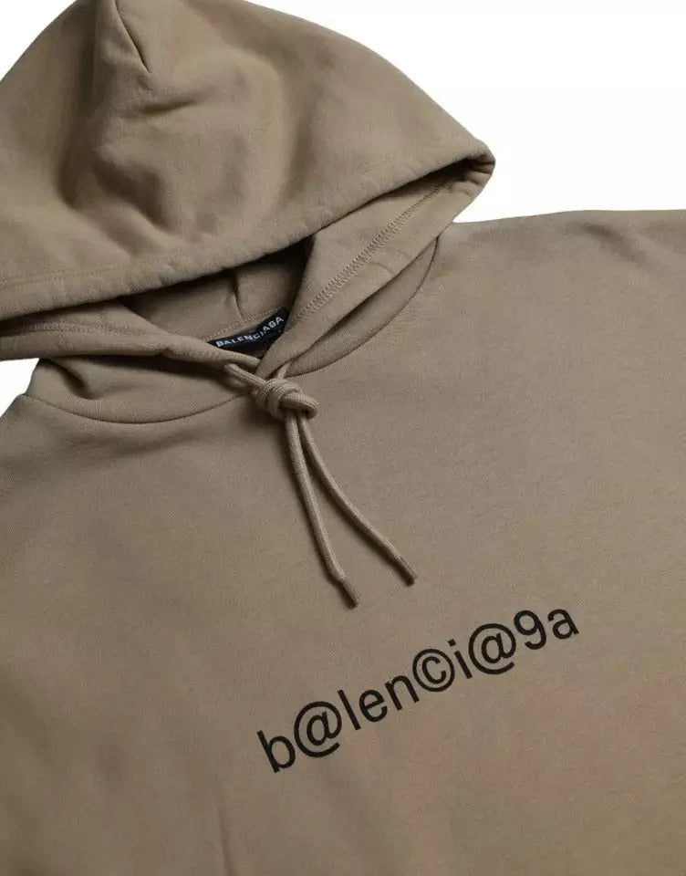 Beige balenciaga hoodie en coton molleton bouclette avec logo noir brodé b@len@i@9a et capuche à cordon assortie