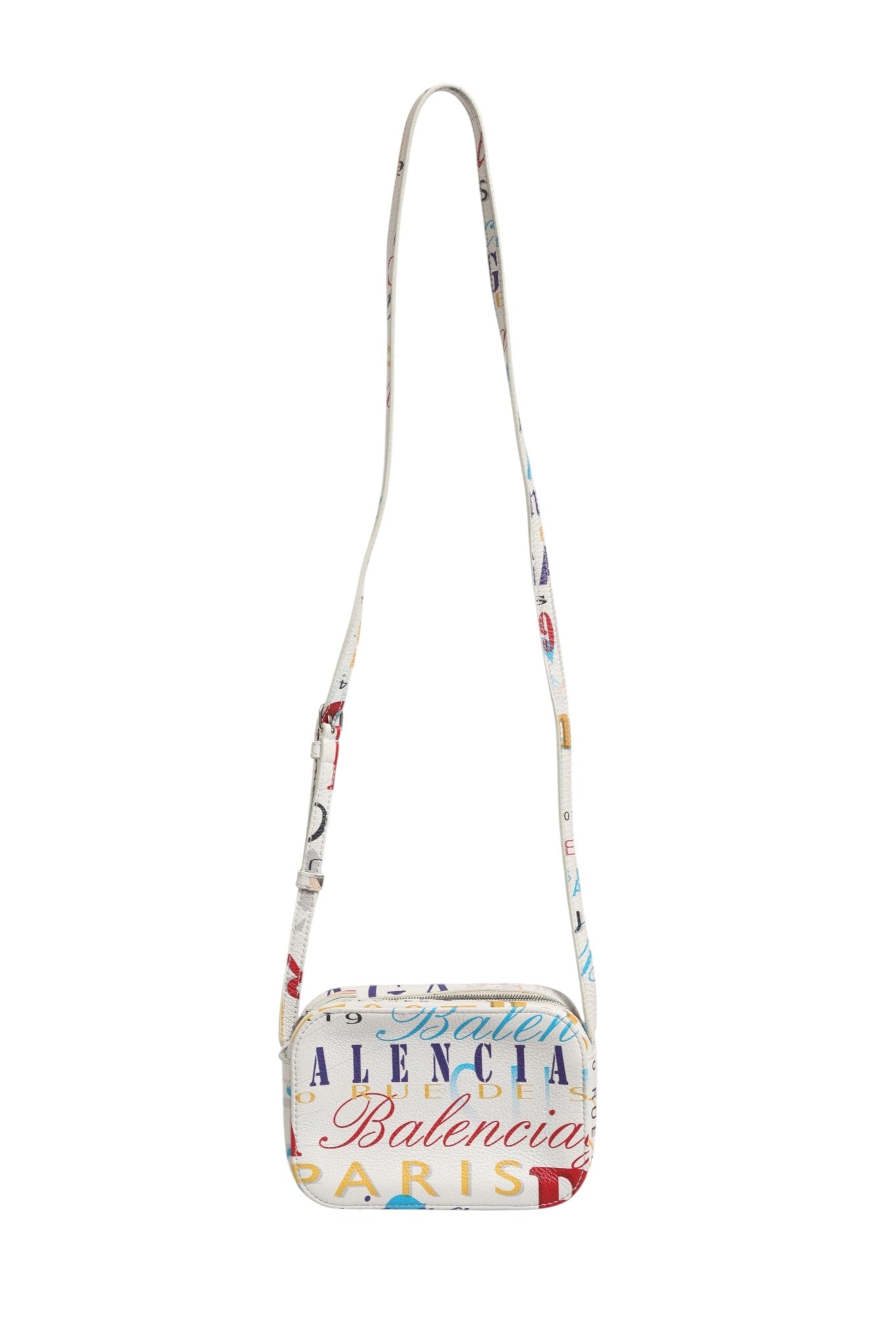 Sac à main Balenciaga City en cuir blanc avec motif graffiti, petit format et design élégant visible sur l'image.