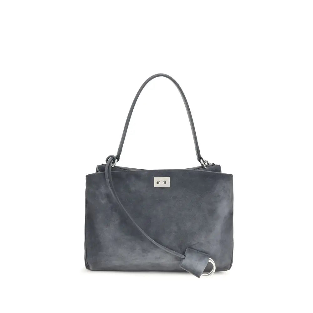 Sac fourre-tout en daim gris foncé balenciaga avec fermoir argenté rectangulaire et poignées en cuir assorties