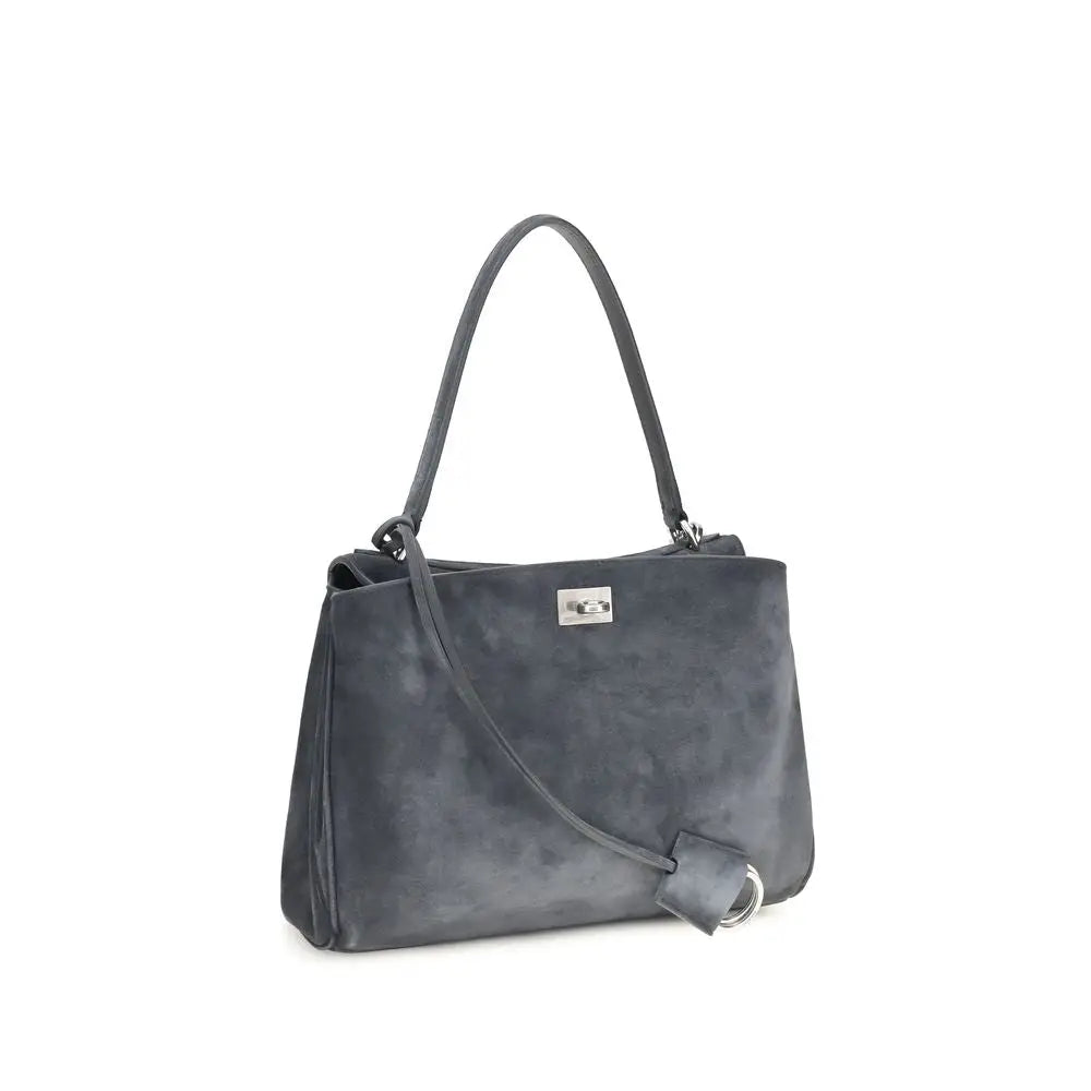 Sac bandoulière en daim gris foncé balenciaga avec fermeture métallique argentée et sangle en cuir assortie