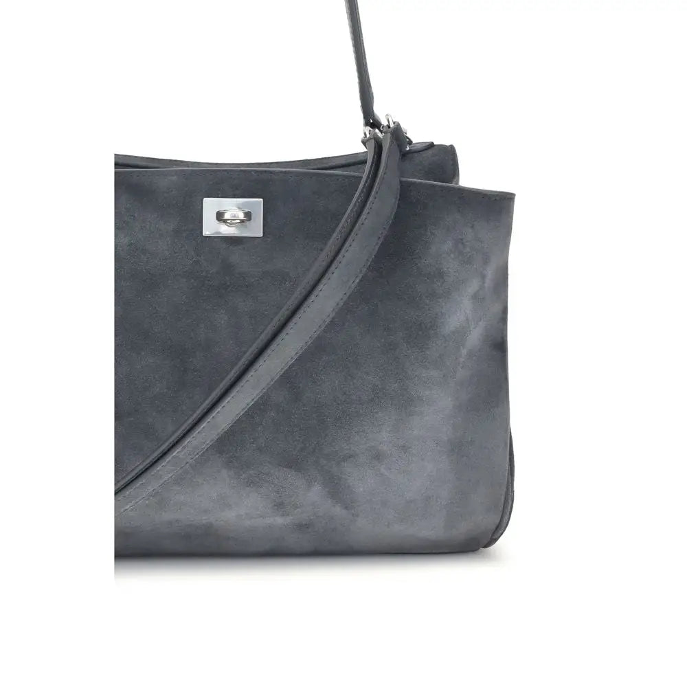 Sac cabas balenciaga gris en cuir de veau avec un fermoir rectangulaire argenté et une bandoulière assortie en suède