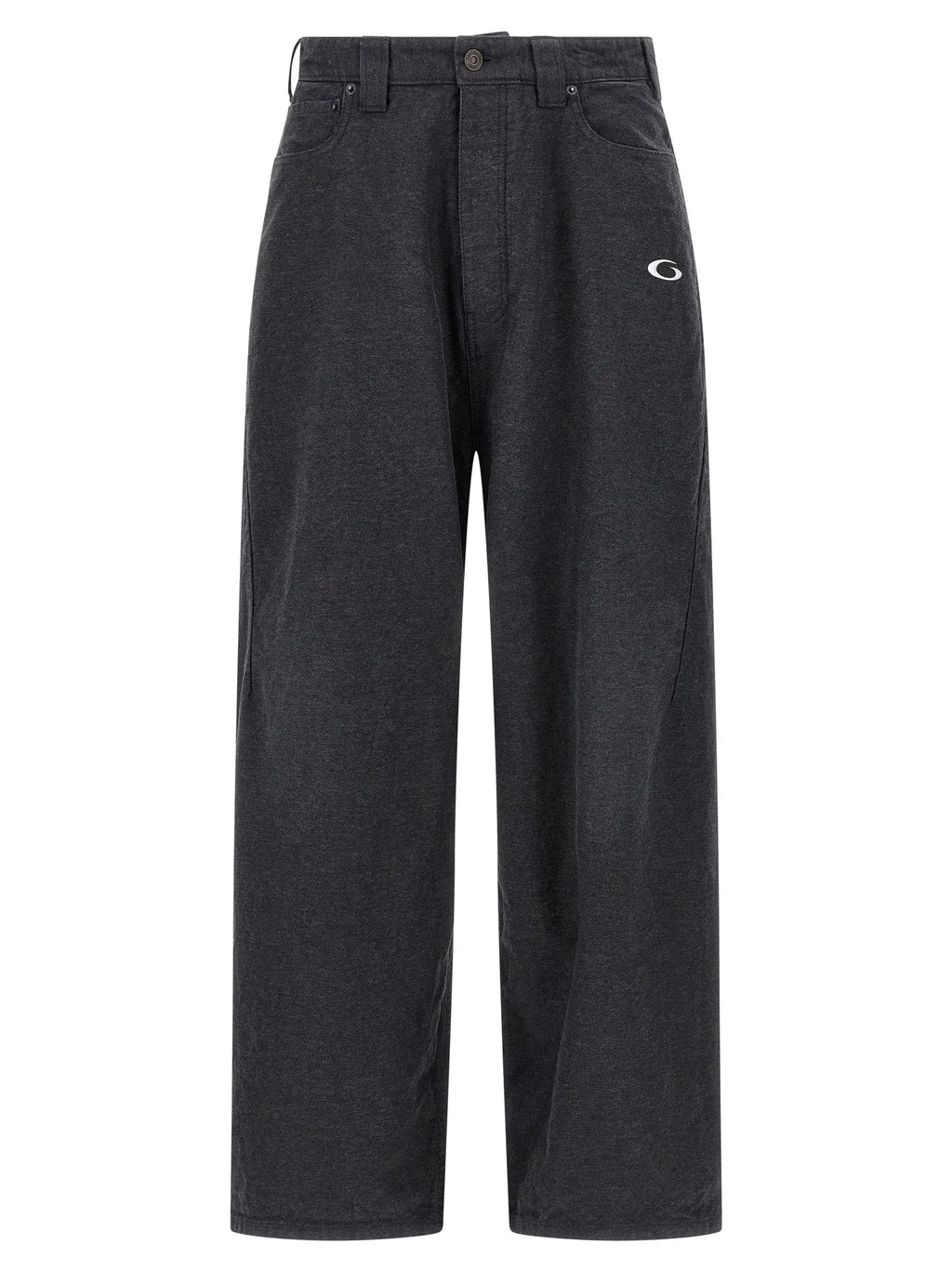 Pantalon balenciaga gris en coton décontracté avec coupe large en denim noir et logo brodé blanc subtil sur la cuisse