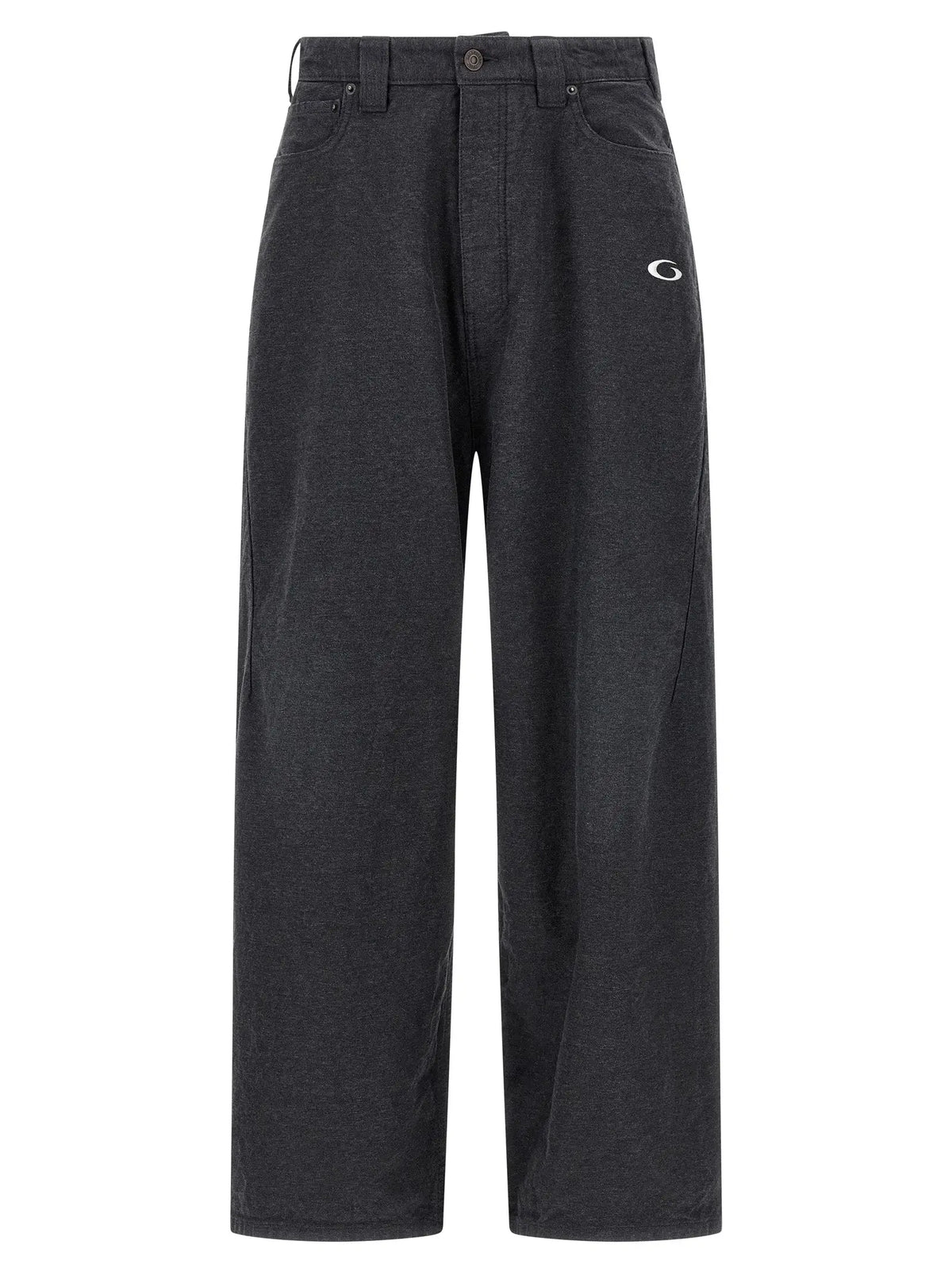 Pantalon balenciaga gris en coton décontracté avec coupe large en denim noir et logo brodé blanc subtil sur la cuisse