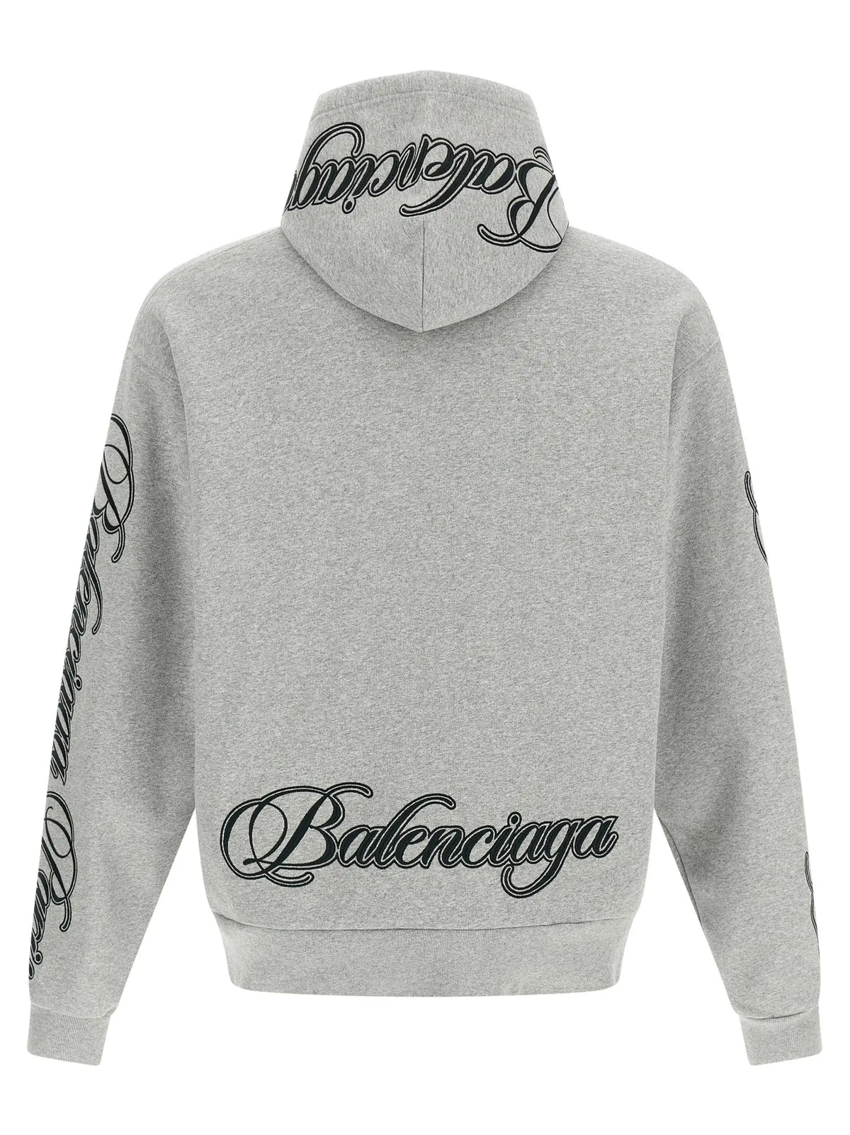 Sweatshirt balenciaga gris en coton avec logo noir cursive brodé au dos capuche et manches