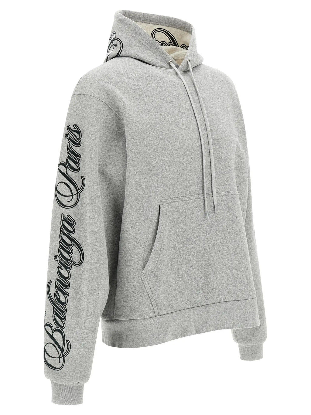 Sweatshirt balenciaga gris en coton avec capuche à cordon et lettrage cursif noir sur la manche