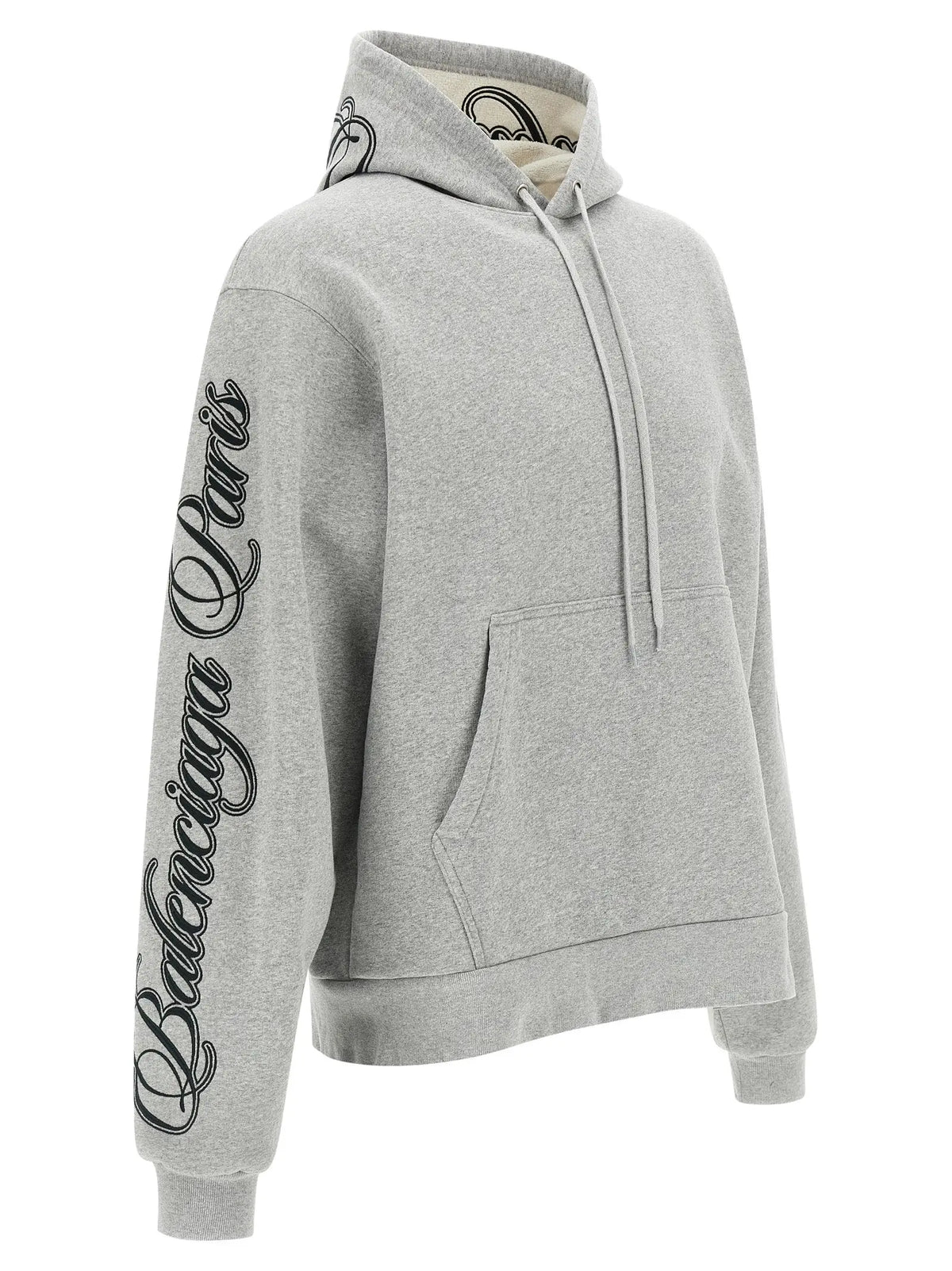 Sweatshirt balenciaga gris en coton avec capuche à cordon et lettrage cursif noir sur la manche