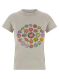 T-shirt balenciaga gris en coton avec un motif circulaire coloré de patches brodés sur fond beige