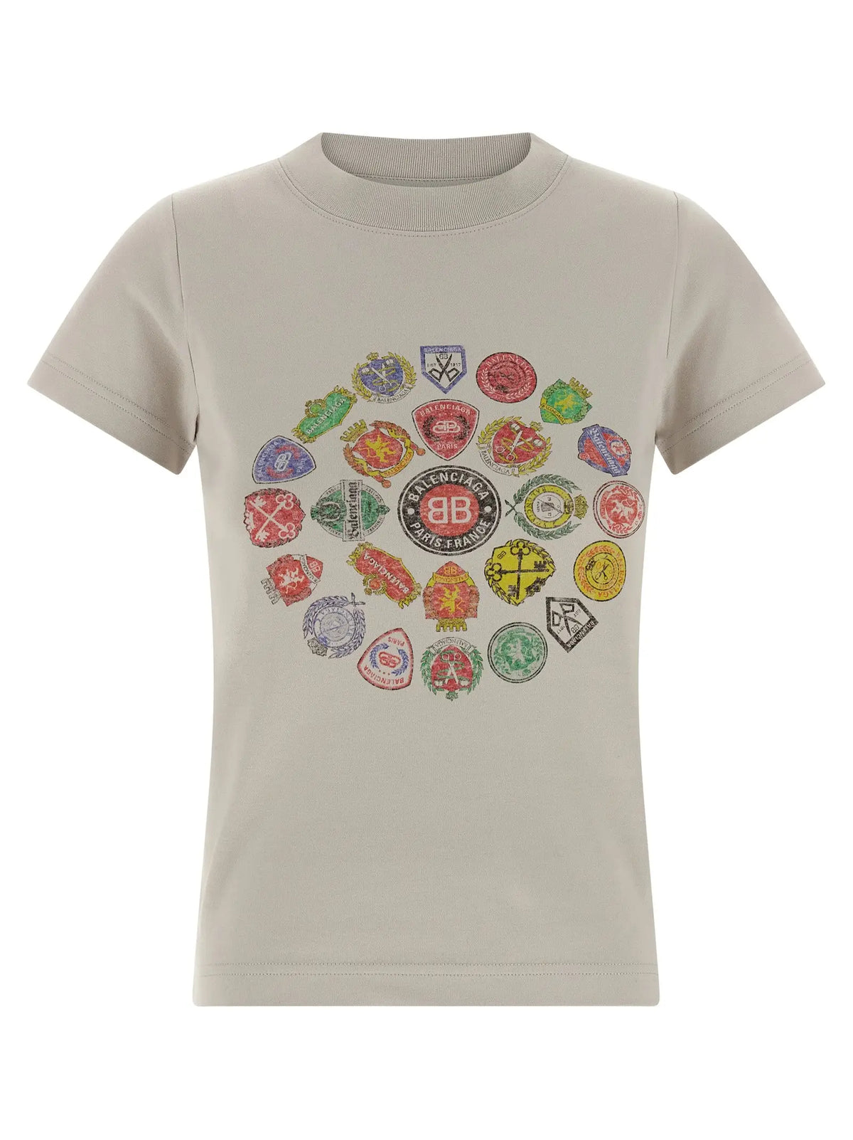 T-shirt balenciaga gris en coton avec un motif circulaire coloré de patches brodés sur fond beige