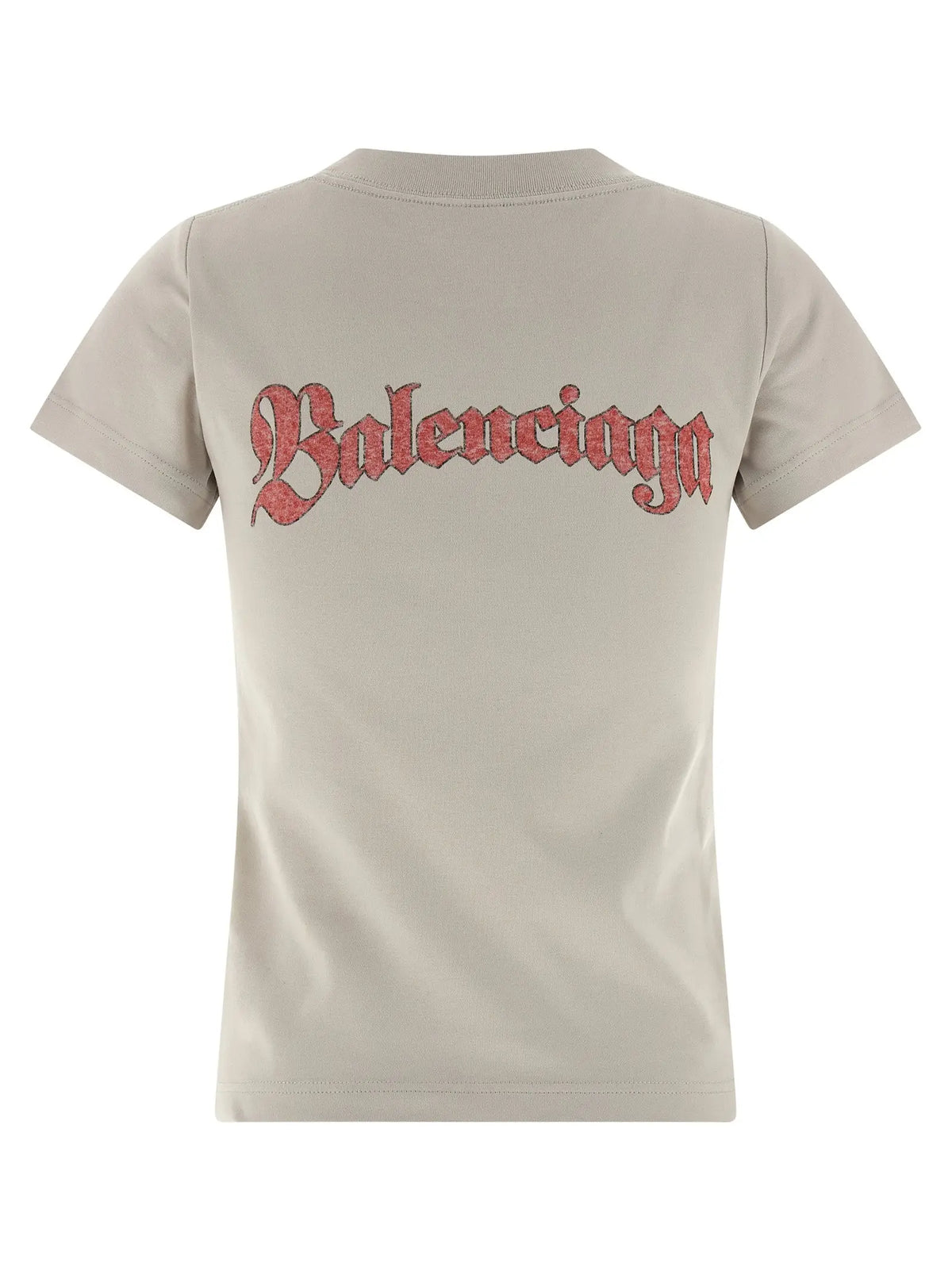 Tshirt balenciaga gris en coton montrant le dos beige avec logo en script rouge pailleté