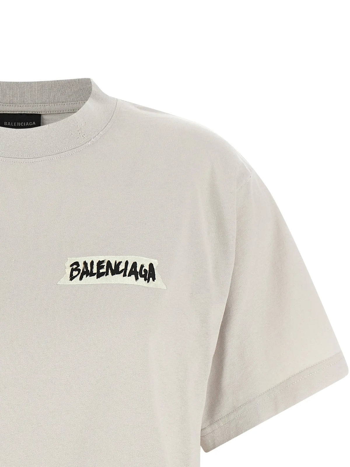 Beige t-shirt balenciaga en coton gris avec logo graffiti noir sur patch blanc bande poitrine