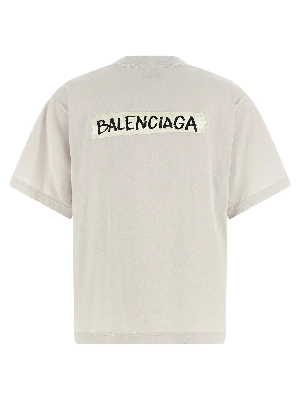 T-shirt balenciaga gris en coton avec logo noir style graffiti sur patch imitation ruban au dos