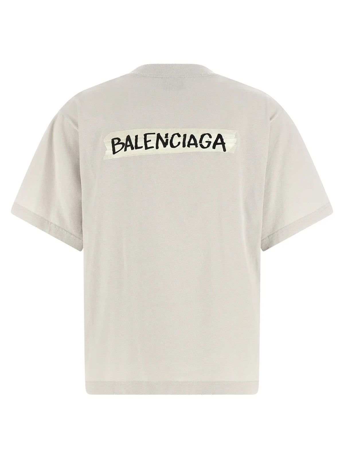T-shirt balenciaga gris en coton avec logo noir style graffiti sur patch imitation ruban au dos