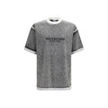 T-shirt balenciaga gris en coton avec col, manches et ourlet côtelés blancs et lettrage noir sur la poitrine