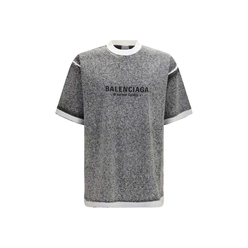 T-shirt balenciaga gris en coton avec col, manches et ourlet côtelés blancs et lettrage noir sur la poitrine