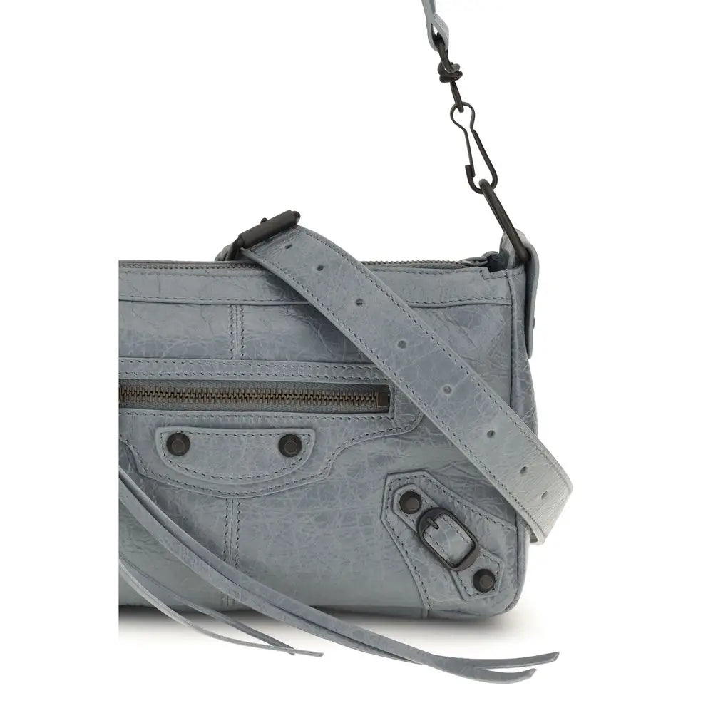 Sac bandoulière balenciaga gris en cuir dagneau texturé avec ferrures noires et extrémités de sangle effilochées