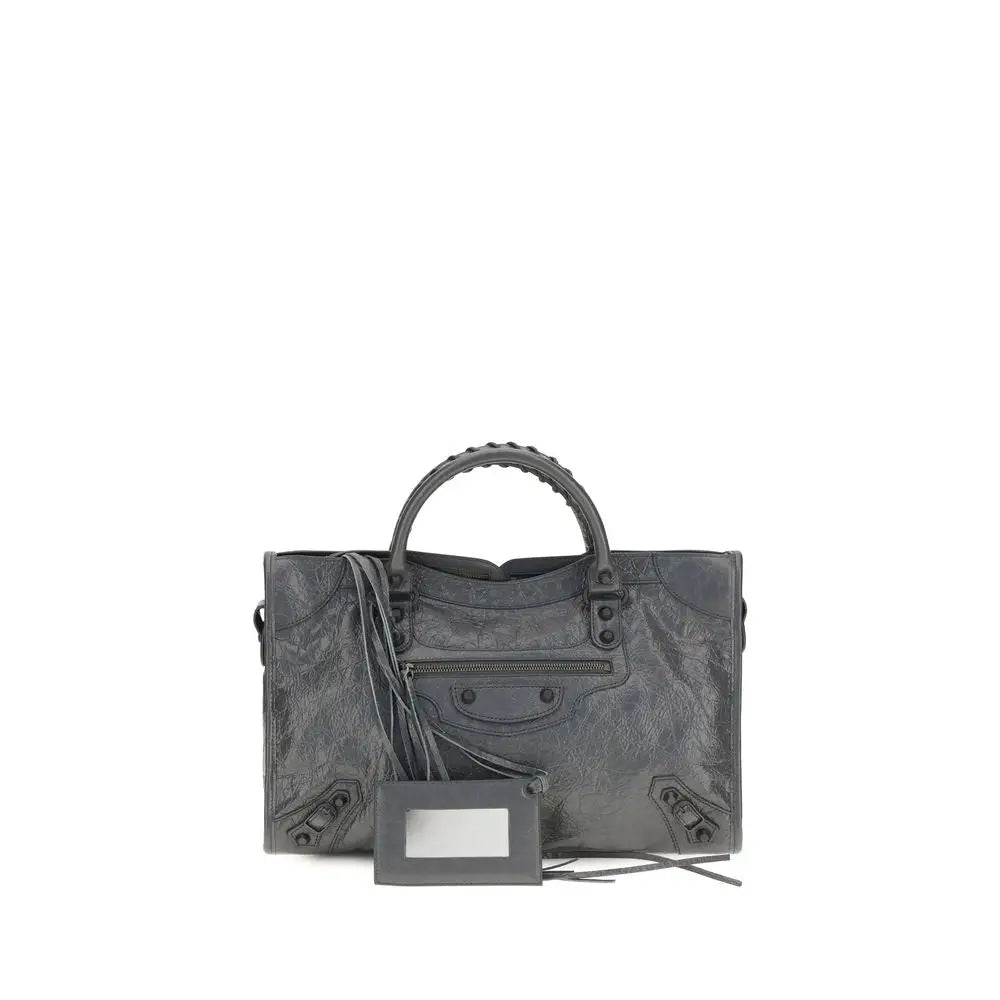 Sac balenciaga city gris foncé en cuir distressed avec design structuré et ferrures signature lamb ovis aries