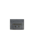 Porte-cartes en cuir gris foncé balenciaga avec fermeture éclair centrale et deux rivets métalliques circulaires
