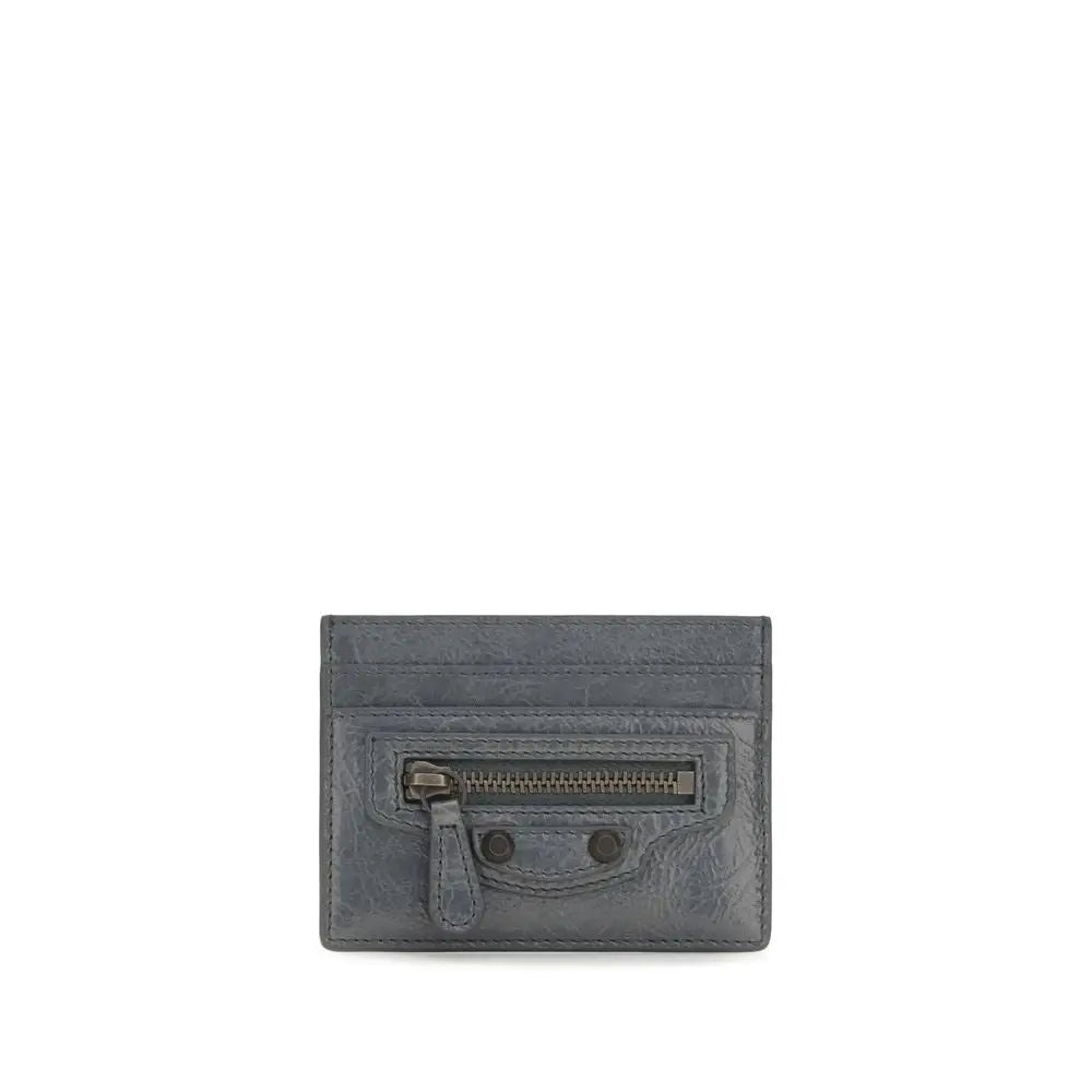 Porte-cartes en cuir gris foncé balenciaga avec fermeture éclair centrale et deux rivets métalliques circulaires