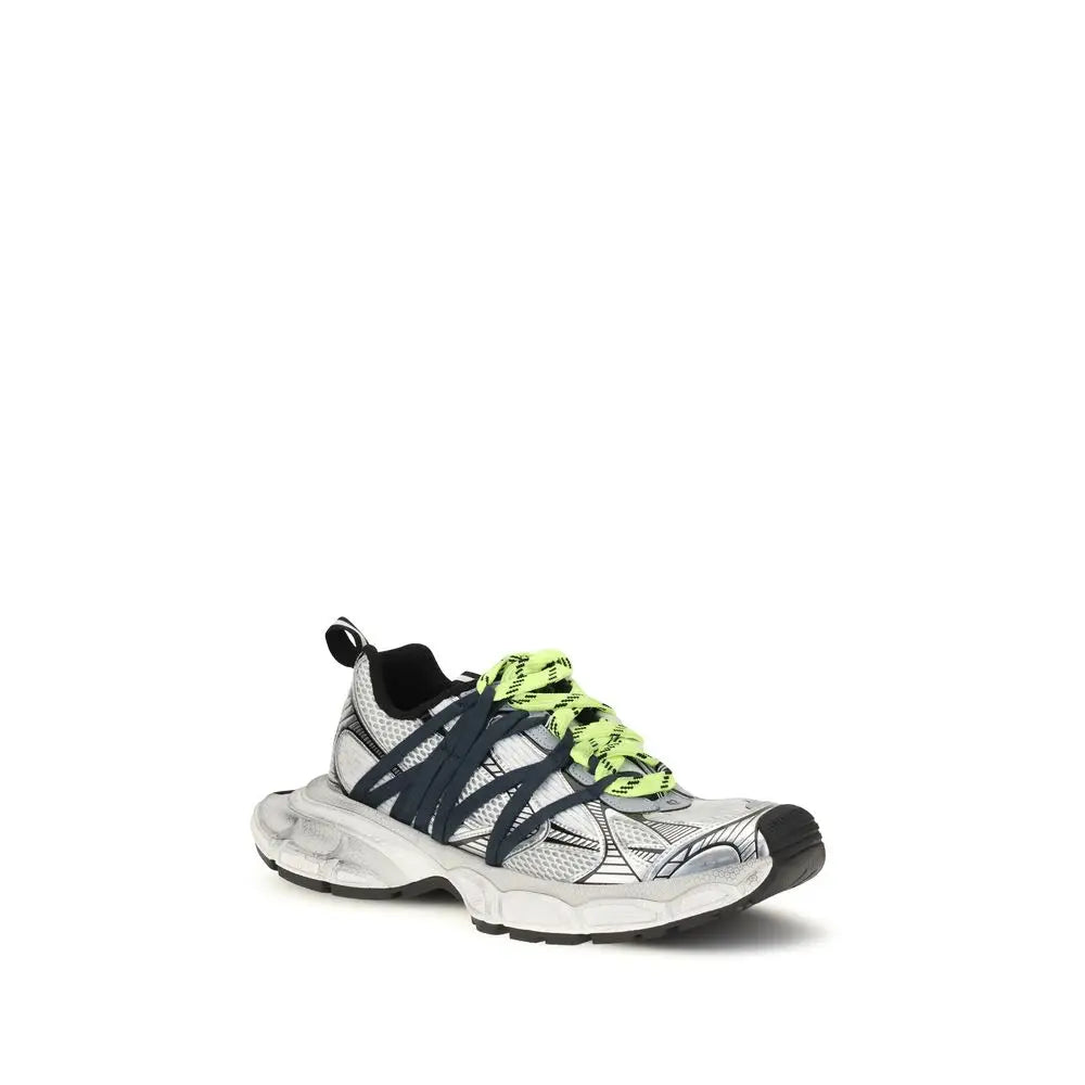Balenciaga gray polyester athletic sneakers silver and black with neon green laces chunky sole mesh upper