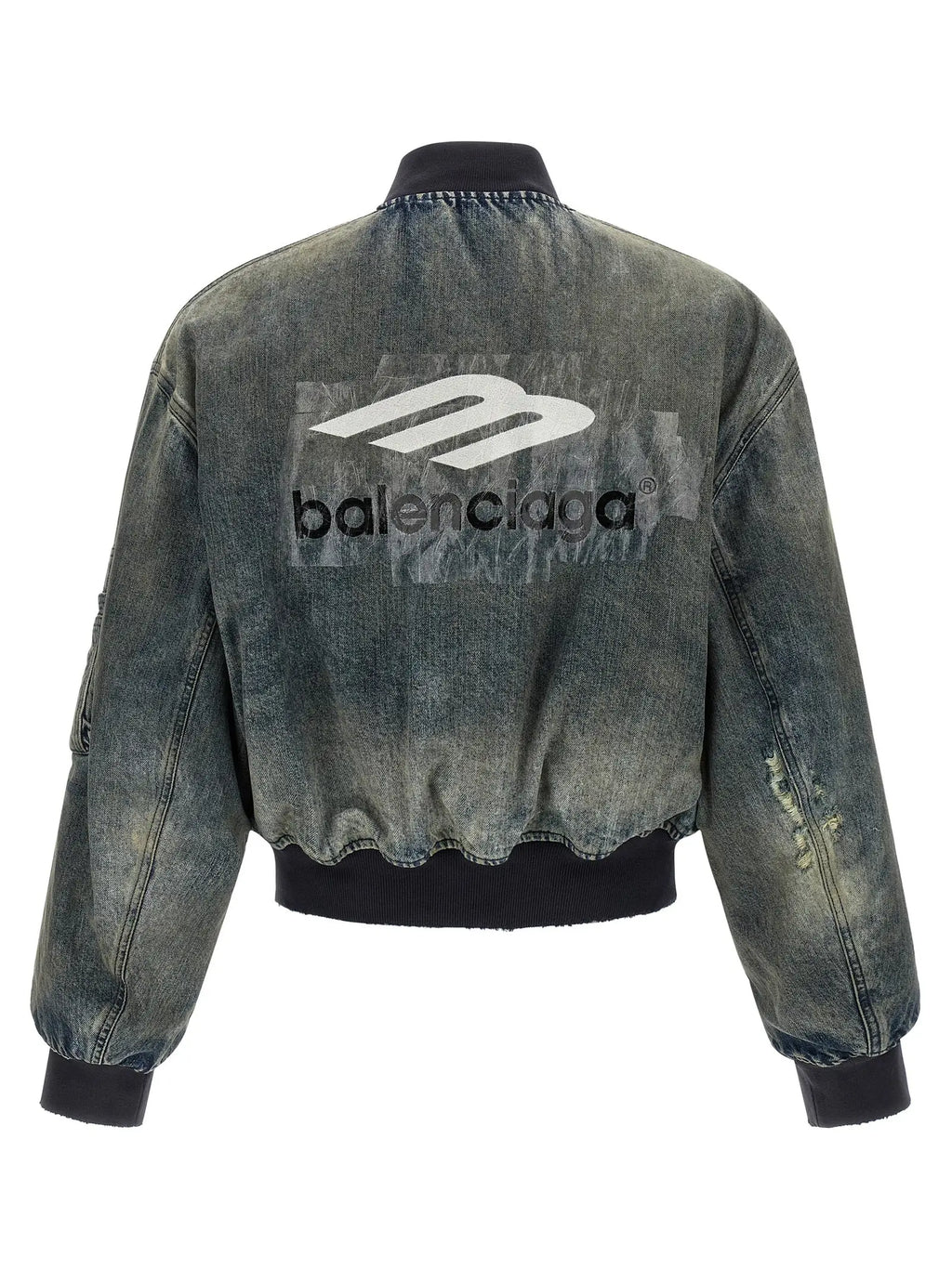 Veste bomber gris balenciaga en polyester avec logo blanc balenciaga en relief au dos en denim foncé distressed