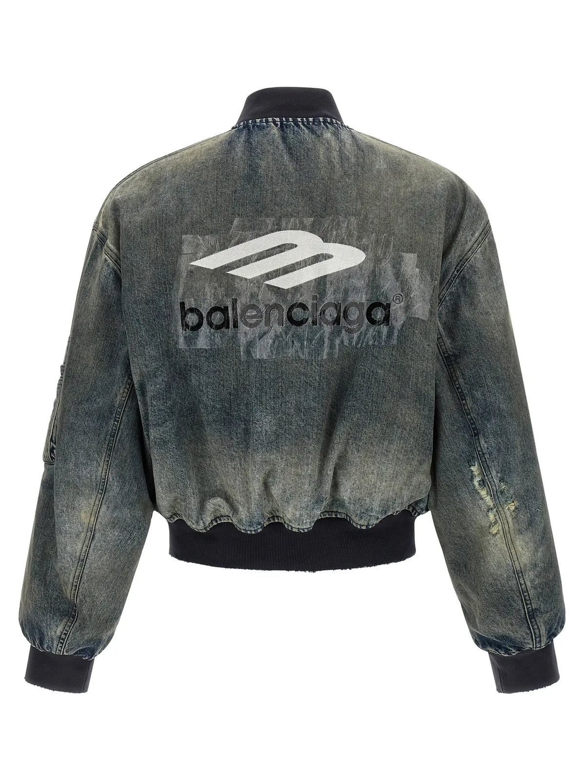 Veste bomber gris balenciaga en polyester avec logo blanc balenciaga en relief au dos en denim foncé distressed