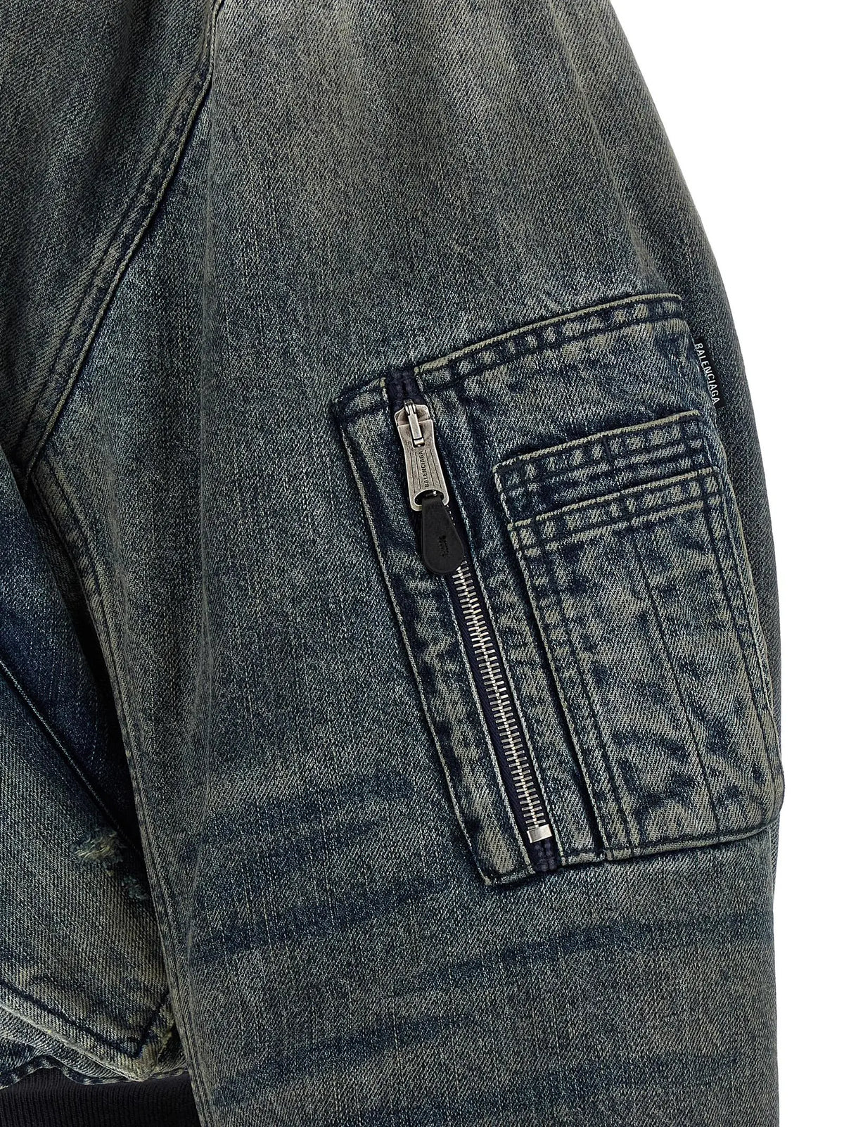 Veste bomber balenciaga grise en polyester avec poche zippée argentée et tirette noire en denim foncé
