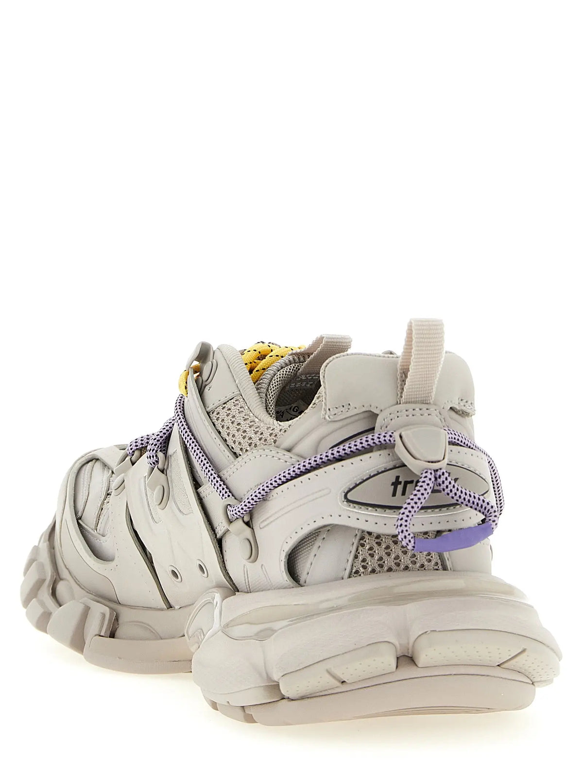 Balenciaga gray polyethylene athletic sneakers vue arrière en gris clair avec lacets violets et accents jaunes au talon