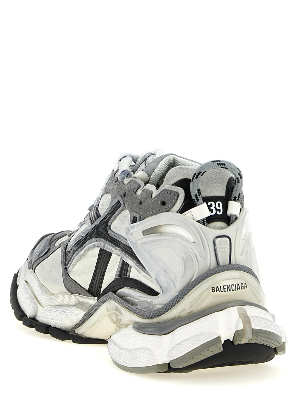 Balenciaga gray polyethylene athletic sneakers featuring layered gray white triple s design with black accents