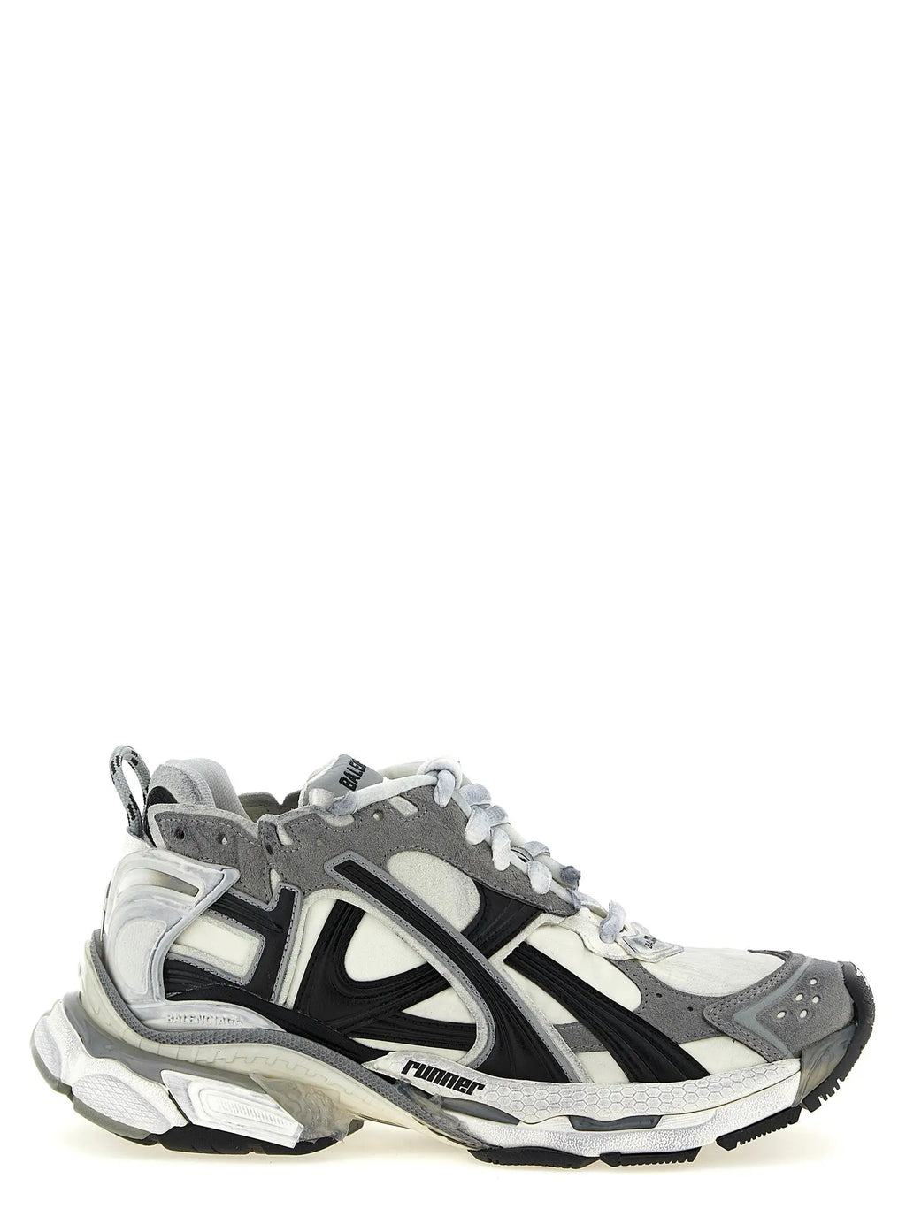 Balenciaga gray polyethylene athletic sneakers with layered gray black and white mesh and synthetic overlays