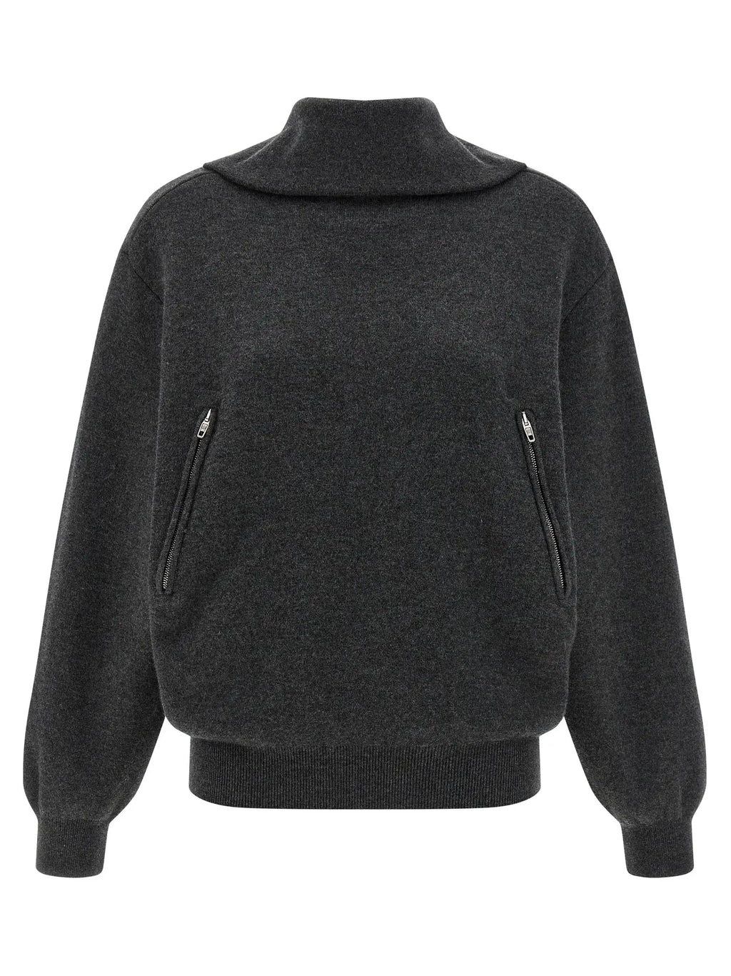 Cardigan en laine gris balenciaga avec col montant foncé et deux poches avant zippées