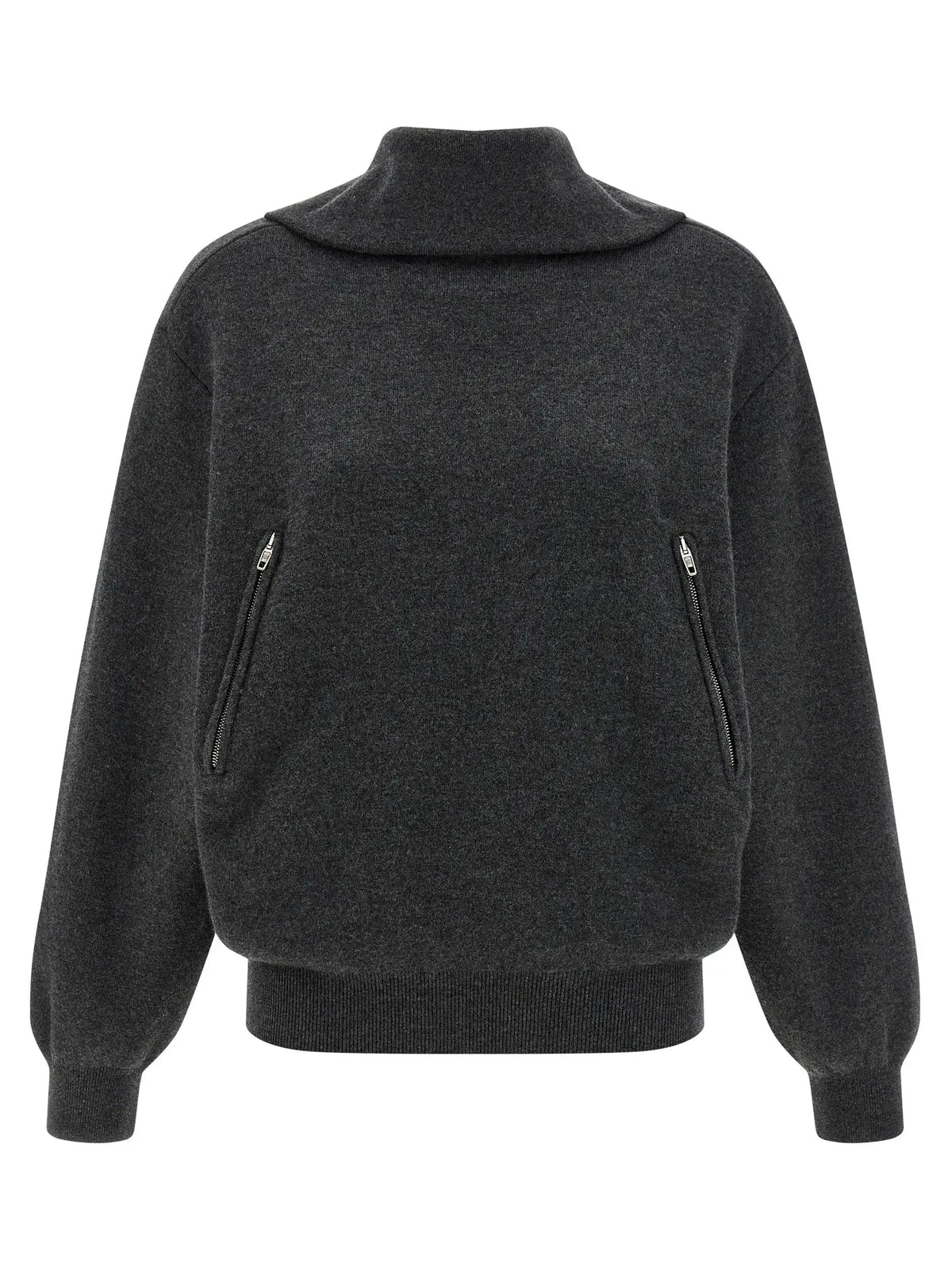 Cardigan en laine gris balenciaga avec col montant foncé et deux poches avant zippées