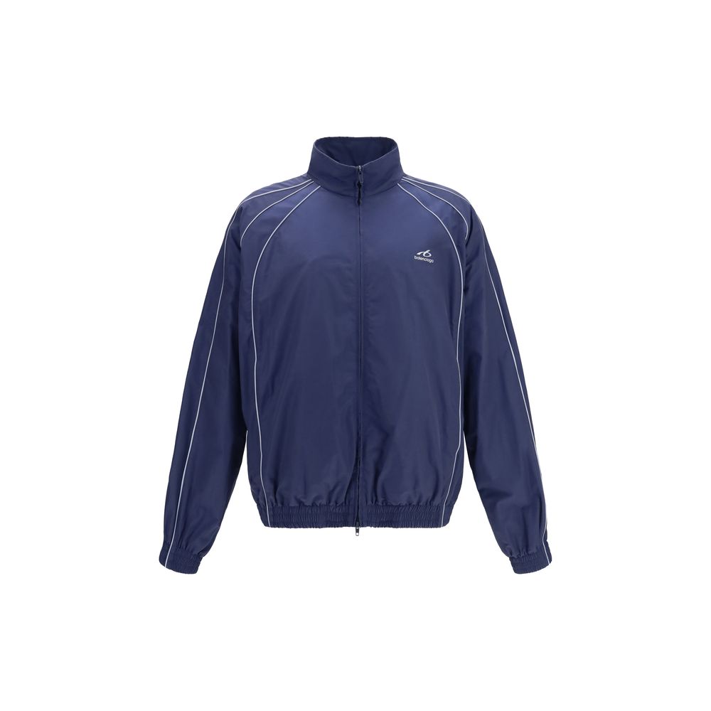 Veste en coton bleue de Balenciaga, shell légère avec fermeture éclair et col montant, vue de face.