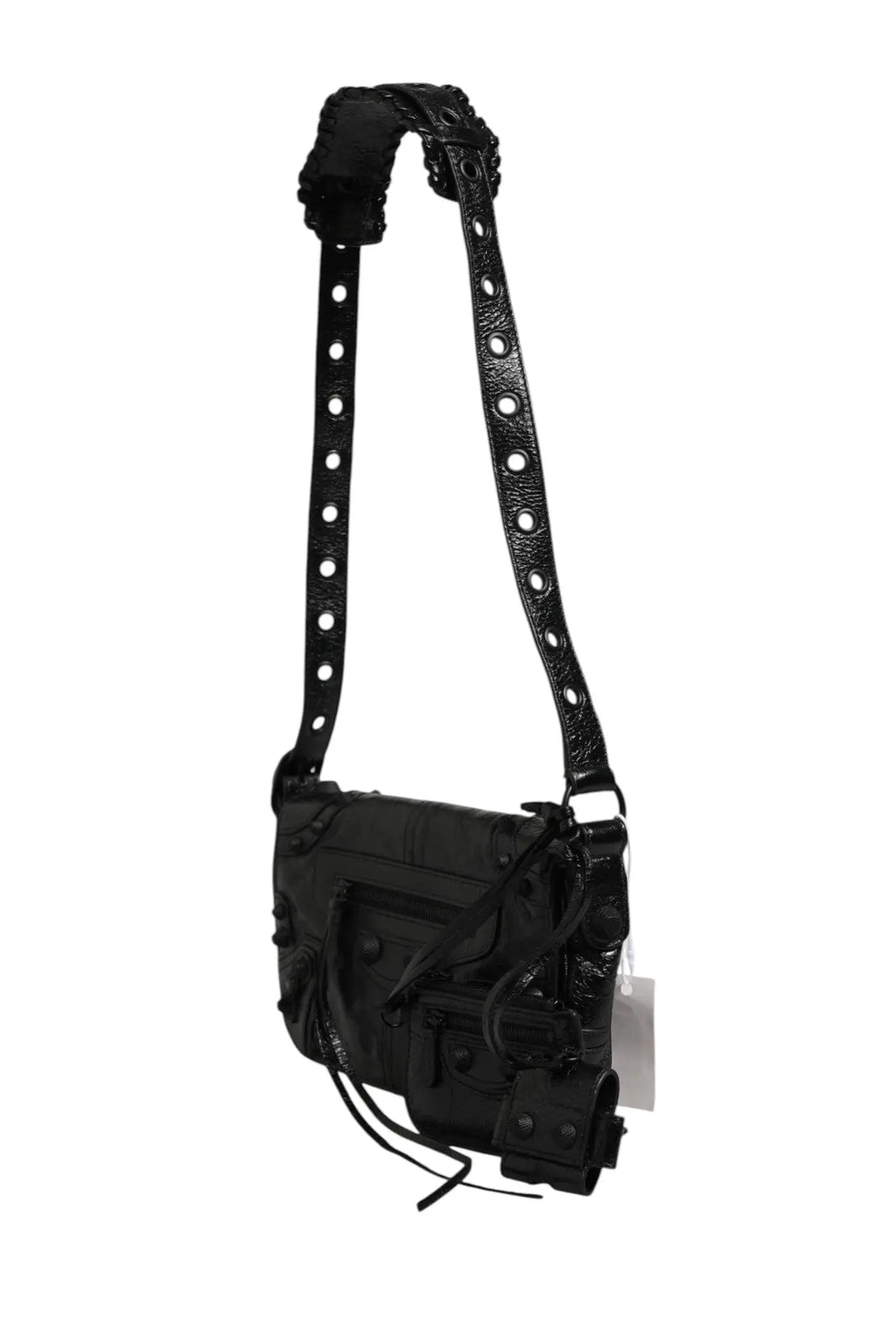 Sac bandoulière noir en cuir balenciaga le cagole xs avec sangle perforée et design utilitaire robuste