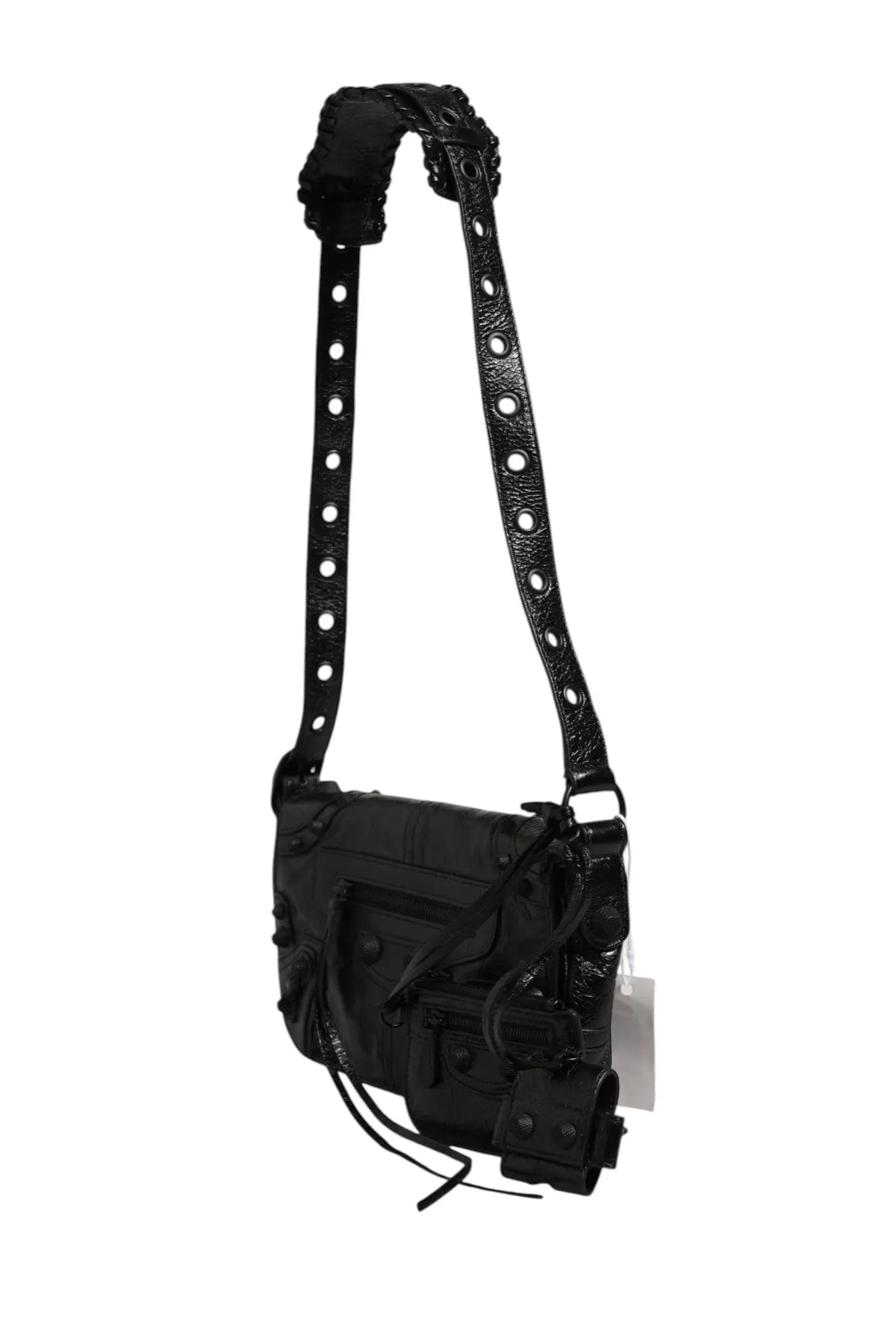 Sac bandoulière noir en cuir balenciaga le cagole xs avec sangle perforée et design utilitaire robuste