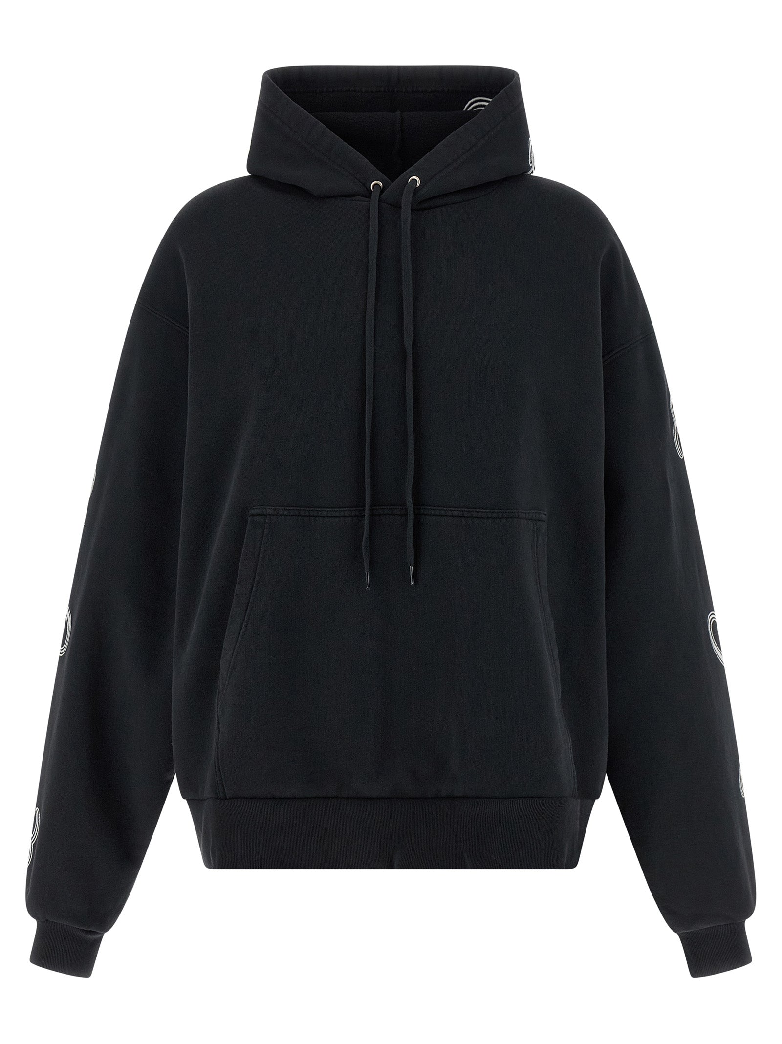 Sweat à capuche noir en coton de Balenciaga, porté sur un mannequin, avec logo discret sur la poitrine.