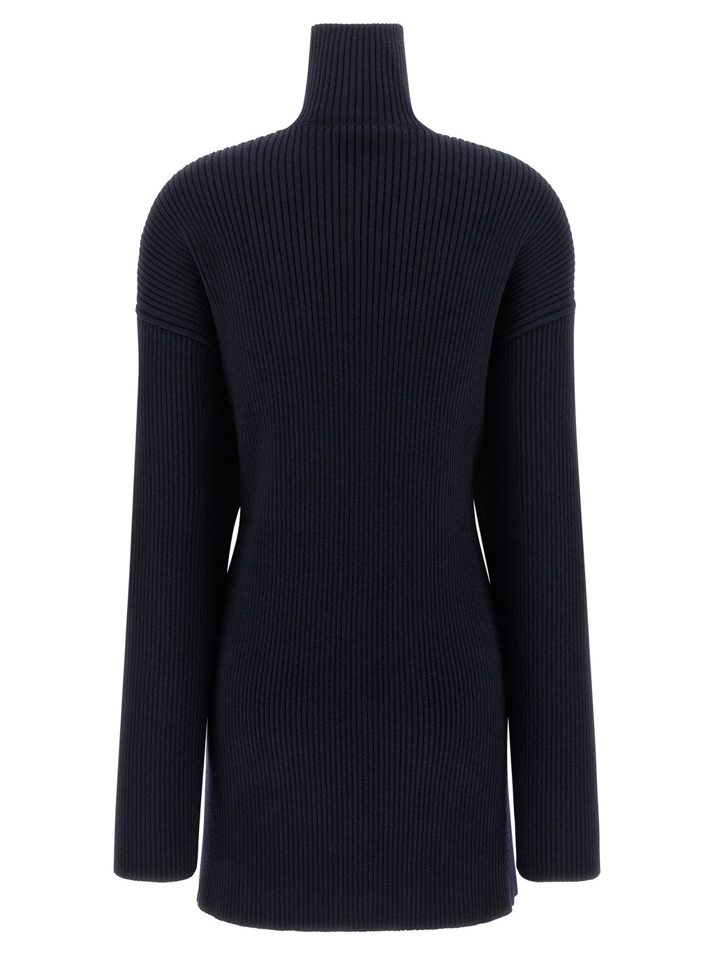 Robe courte en laine bleue Balenciaga, silhouette élégante et moderne, vue de face avec détails du tissu et de la coupe.