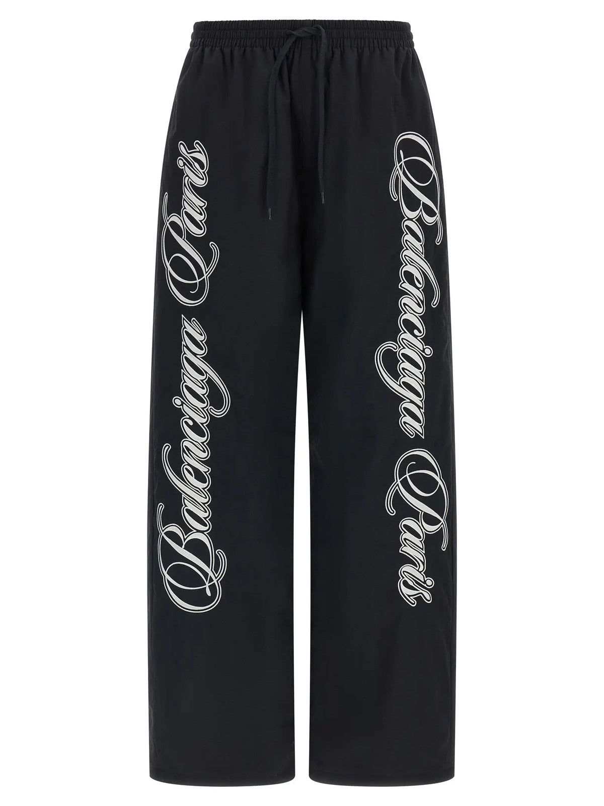 Pantalon larges balenciaga paris noir en polyamide avec logo blanc cursif sur chaque jambe pour usage sportif multicolore