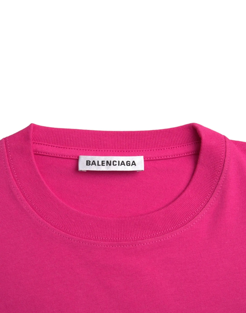 T-shirt balenciaga rose vif en coton avec col rond et étiquette blanche au niveau du col