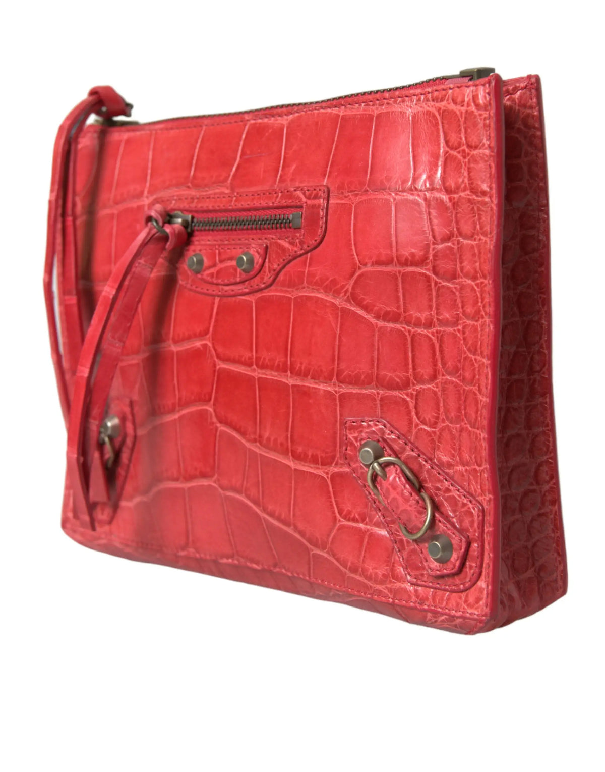 Balenciaga pochette rouge en cuir exotique embossé crocodile avec fermeture métallique et bracelet amovible