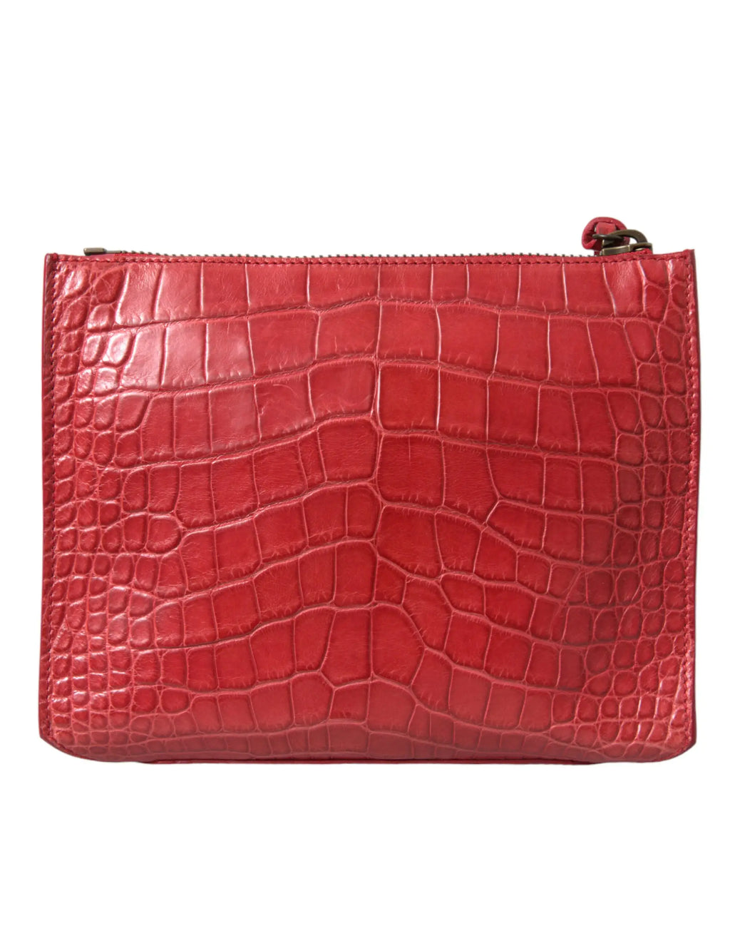Balenciaga red exotic skin leather pouch wristlet bag with vibrant red crocodile texture and metallic zipper pull