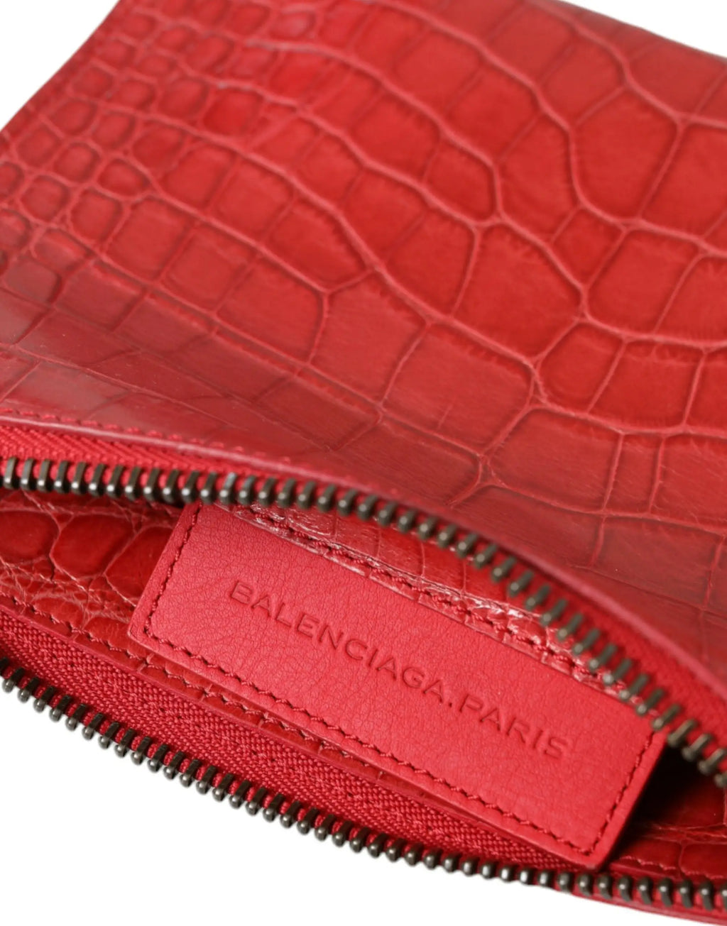 Balenciaga red exotic skin leather classic pouch purse wristlet bag with vibrant red crocodile embossing and sleek zipper closure