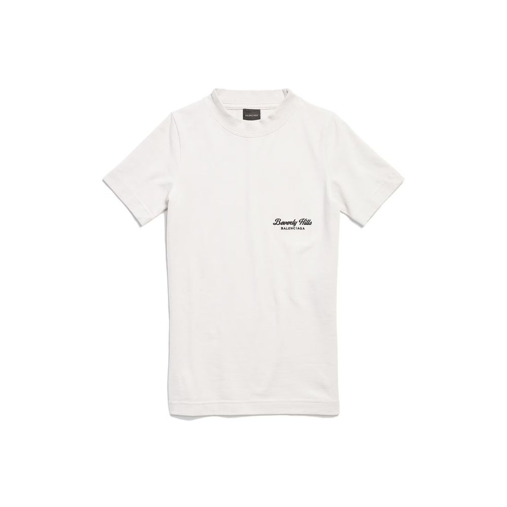 T-shirt blanc en coton de la marque Balenciaga, affichant un design épuré et moderne, porté sur un mannequin.